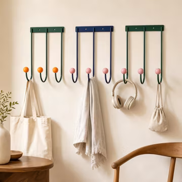 Colorful Mid Century 3 Hook Wall Rack, Retro Coat Hooks, Entryway Bag Hat Hanger, Metal Wood Ball Wall Organizer