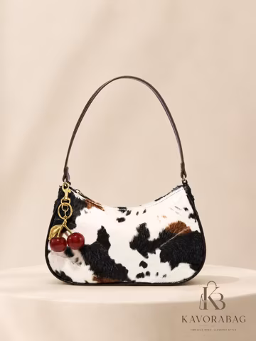 Cow Print Shoulder Bag with Cherry Charm and Brown Strap