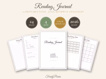 Reading Journal Printable 24 Pages, Book Tracker Reading Log 2026 Reading Challenge Genre Bingo, A4 A5 US Letter Half Size, Book Lover Gift