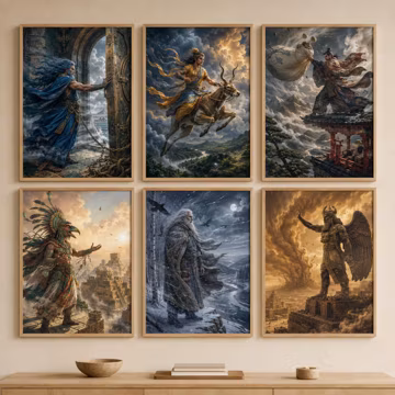 Wall Art Set, 6 Ancient Wind God Prints, Mythology Decor