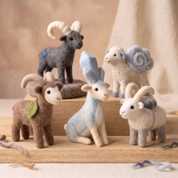 Mythic Goat Spirits Wool Felt Collection, Handmade Mountain Guardian Animals, Fantasy Horned Creature Figurines