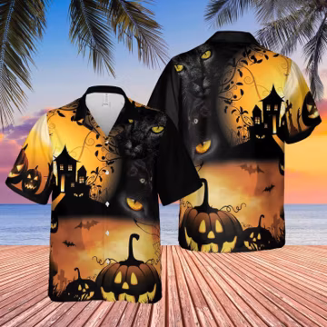 Black Cat Pumpkin Halloween Hawaiian Shirt for Men Women, Haunted House Aloha Shirt, Jack O Lantern Button Up, Spooky Gift