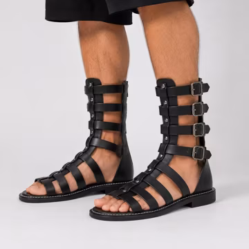 Men's Black Gladiator Sandals | Roman Strappy Sandals | Ankle Buckle Summer Sandals | Open Toe Leather Sandals | Custom Sizes