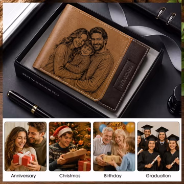 Custom Photo Engraved Leather Bifold Wallet for Men, Personalized Anniversary Gift