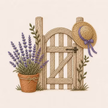 Lavender Garden Gate Machine Embroidery Design, Cottagecore Floral Hoop Art (Digital File)