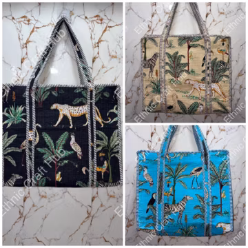 Handmade Quilted Jungle Tote Bag, Zippered Cotton Shopping Bag, Tropical Animal Print