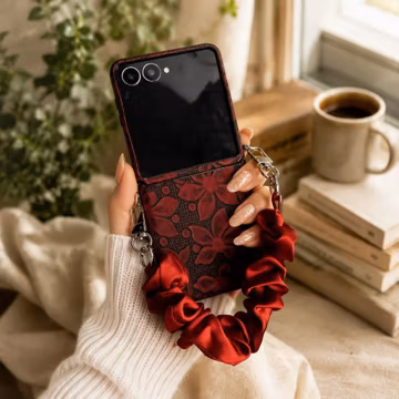 Samsung Z Flip 7 6 5 Case, Dark Red Floral 3D Flower Cover with Beaded Wrist Strap Bracelet, Crystal Bow Charm Shockproof Shell