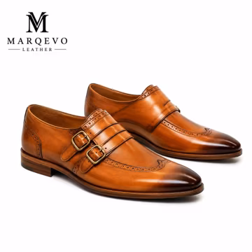 Men's Tan Double Monk Strap Shoes – Handmade Leather Wingtip Dress Shoes – Luxury Formal Shoe