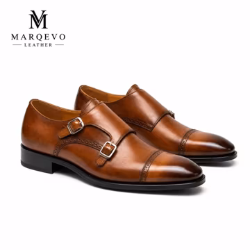 Men's Tan Double Monk Strap Shoes – Handmade Leather Dress Shoes – Cap Toe Formal Shoe