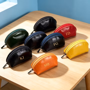 Custom Letter Leather Half Round Lanyard Pouch, Mini Coin Purse, Personalized Earbud Pouch, Custom Bag Charm Gift