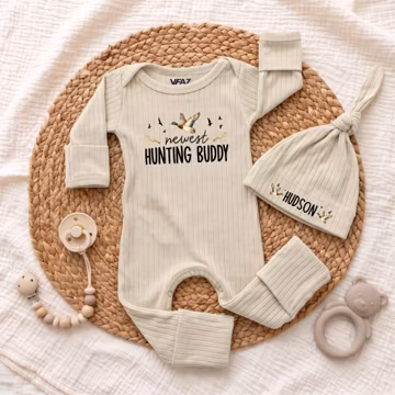Personalized Hunting Baby Bodysuit and Hat Set, Custom Name Newest Hunting Buddy Clothes, Mallard Duck Newborn Outfit, Baby Shower Gift