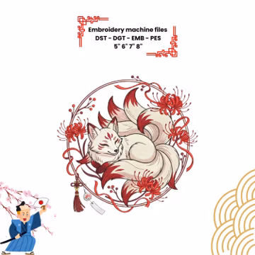 Japanese Kitsune Nine Tail Fox Embroidery Design (Digital Download)