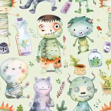 Zombie Monster Fabric Watercolor Mummy Potion Fabric 100% Cotton Fabric Halloween Fabric for Clothes Sewing Dress Handmade By the Half Yard