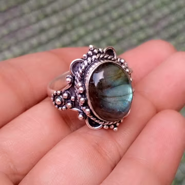 Antique Labradorite Ring 925 Sterling Silver, Oval Flashy Blue Gemstone Scalloped Ring, Vintage Filigree Statement Jewelry Gift for Her