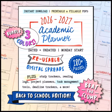 2026-2027 Student Planner Printable PDF | Study Tracker | Weekly, Monthly, Daily Digital Planner for Goodnotes | US Letter Academic Calendar