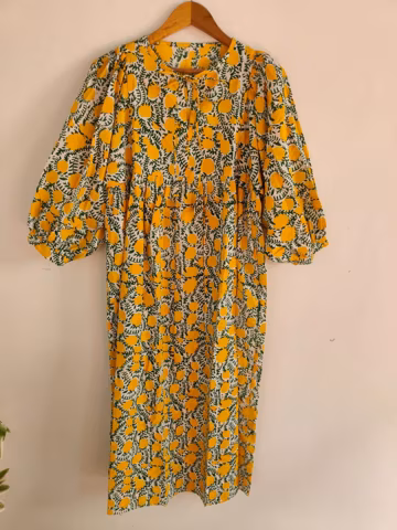 Floral Hand Block Print Cotton Midi Dress : Summer Boho Mini Maxi, String Closer Dress