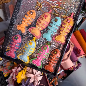 Leather Fish Skeleton Keychain, Cute Fishbone Bag Charm, Handmade Leather Purse Accessory, Unique Gift for Her, Colorful Fish Keyring
