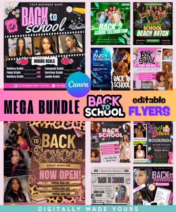 26 Back To School Flyer, August booking flyer, Back To School Hair Flyer, Lashes, braids, Wig Install, Nails Flyer, Back to School, DIY