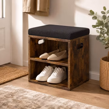 Small Shoe Storage Bench with Padded Seat, Rustic Brown Entryway Organizer, Adjustable Shelf and Cutout Handles