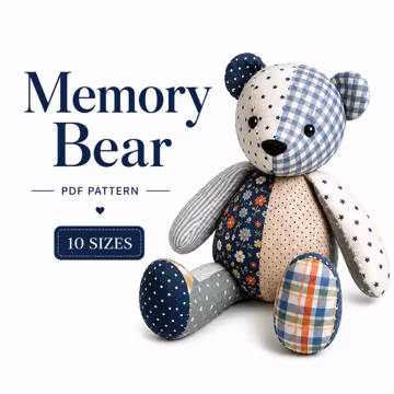 Memory Bear Sewing Pattern PDF, Teddy Bear Pattern, Keepsake Bear Pattern, Patchwork Bear, Stuffed Animal Sewing Pattern, 10 Sizes