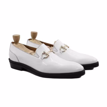 White patent horsebit loafers for men, leather slip on dress shoes