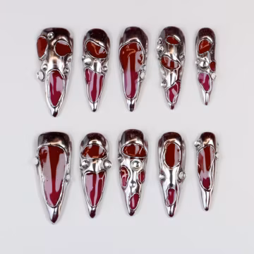 Sculpted Silver Gem Press On Nails: Molten Metal Stiletto, Goth Y2K