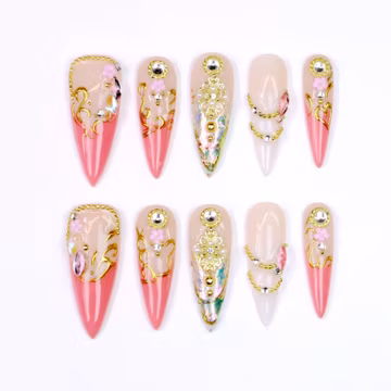 Pink Gold French Tip Press On Nails, Baroque Pearl Stiletto Nails, 3D Floral Ornate Nails, Iridescent Foil, Bridal Luxury Nails for Gift