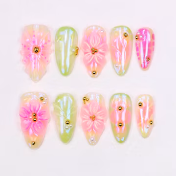 3D Flower Pearl Press On Nails: Chrome Almond Iridescent Y2K