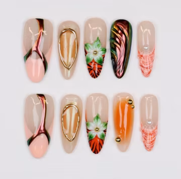 Elegant Floral Press-On Nails: 3D Flower Almond Nail Set