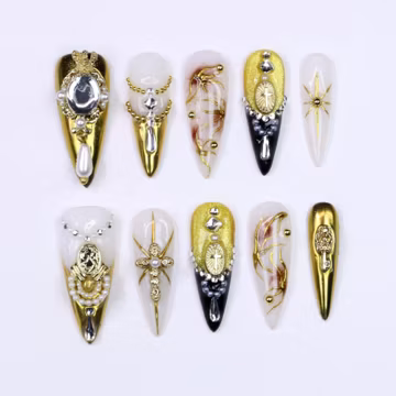 Handmade 3D Gold Filigree Nails, Pearl & Crystal Press Ons, Starburst Cross, Black , White Gradient, Victorian Nail Art for Gift