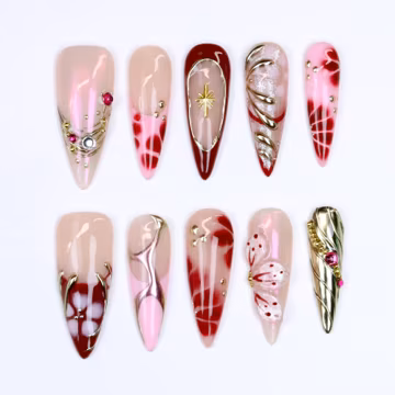 Handmade Red Pink Stiletto Press On Nails,Luxury Nails with 3D Gold Star Charms,Gothic Y2K Nails for Wedding,Party,Vacation,Birthday,Gift