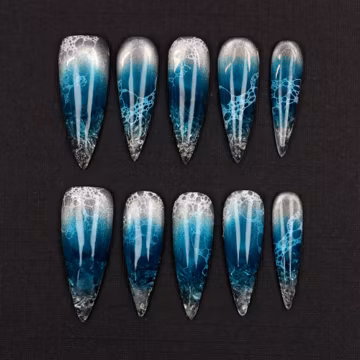 Ocean Blue Cat Eye Press On Nails: 3D Broken Glass Jelly Nails