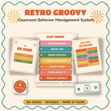 Classroom Behavior Management System | Editable Clip Chart, Trackers & Rewards | Printable + Canva | Positive Behavior PBIS | Retro Groovy