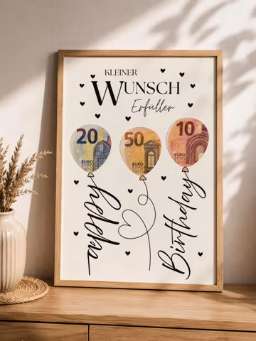 Geldgeschenk Geburtstag Vorlage zum Ausdrucken | WunscherfĂĽller Luftballons Happy Birthday | Digital Download PDF DIN A4 Bilderrahmen