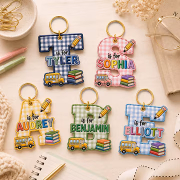 Personalized Initial Keychain, Custom Embroidered Name Bag Tag, Gingham Backpack Charm, Back to School Gift for Kids