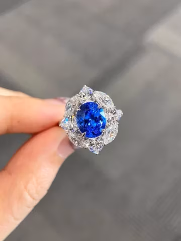 Lab Created Cobalt Spinel Ring 9x7mm Oval Cut Luxury Cluster Halo Engagement Ring Royal Blue Cobalt Spinel Statement Ring Anniversary Rings