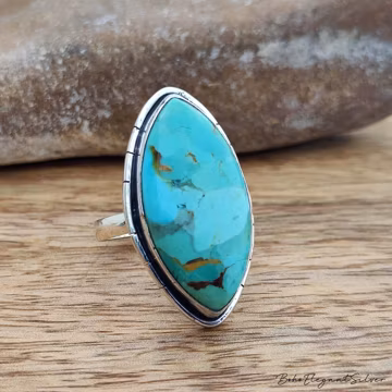 Natural Kingman Mohave Turquoise Ring, Vintage Marquise Southwest Ring, Native American Style Sterling Silver Ring, Bohemian Birthday Gift