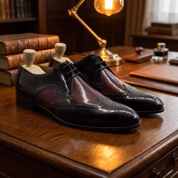 Black Burgundy Two Tone Wingtip Derby Shoes for Men, Handmade Leather Brogue Dress Shoes, High Shine Finish, Custom Size, Wedding Gift