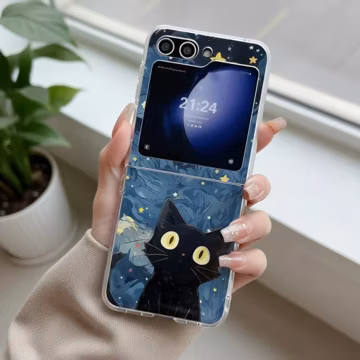 Black Cat Starry Night Phone Case for Galaxy Z Flip 7 6 5 4 3 Razr 60 50 40 Ultra Clear Cover