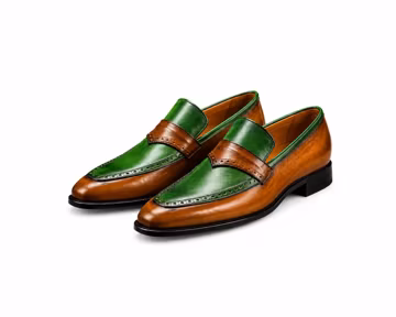 Men's Handmade Two-Tone Leather Dress Loafers – Brown & Green Formal Casual Shoes