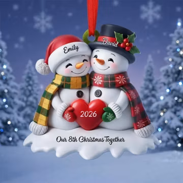 Personalized Snowman Couple Ornament, Custom Christmas Keepsake, Wedding Engagement Gift