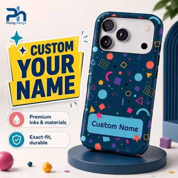 Custom Name Phone Case: Dark Navy Geometric Polka Dot Pattern for iPhone & Samsung