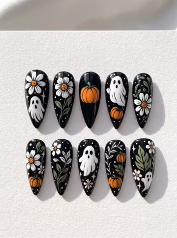 Mystic Floral Pumpkin Ghost Press On Nails, Halloween Stiletto Gel Nails, Handmade Spooky Reusable Nail Set