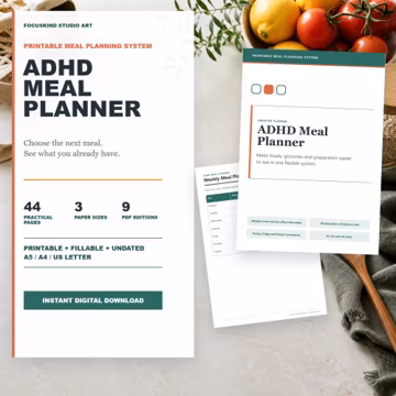 ADHD Meal Planner Printable | Weekly Menu, Grocery List, Kitchen Inventory, Prep Pages & Fillable PDF
