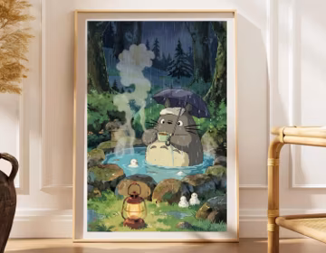 Totoro Poster, Hot Spring Rain Art, Cozy Ghibli Print, Nursery Wall Decor