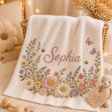 Personalized Baby Blanket, Custom Name Knit Blanket, Floral Embroidery Newborn Swaddle, Baby Shower Gift, Nursery Decor, Girl Boy Baby Gift