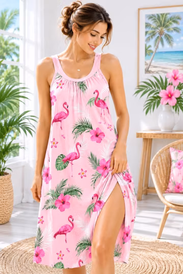 Women's Flamingo Dress, Tropical Print Halter Dress, Beach Vacation Dress, Summer Sundress, Island Resort Outfit