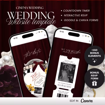 Cinema Wedding Website Template | Animated Save the Date | Canva Wedding Invitation | Interactive RSVP | Google Forms | Countdown