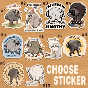 Jimothy Raccoon Sticker Pack, Cute Funny Raccoon Vinyl Sticker Collection, Whimsical Animal Stickers, Waterproof Die Cut Stickers