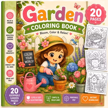 Cute Garden Coloring Book | 20 Cozy Garden Coloring Pages | Printable PDF for Kids | Flowers & Nature Coloring Book | Instant Download